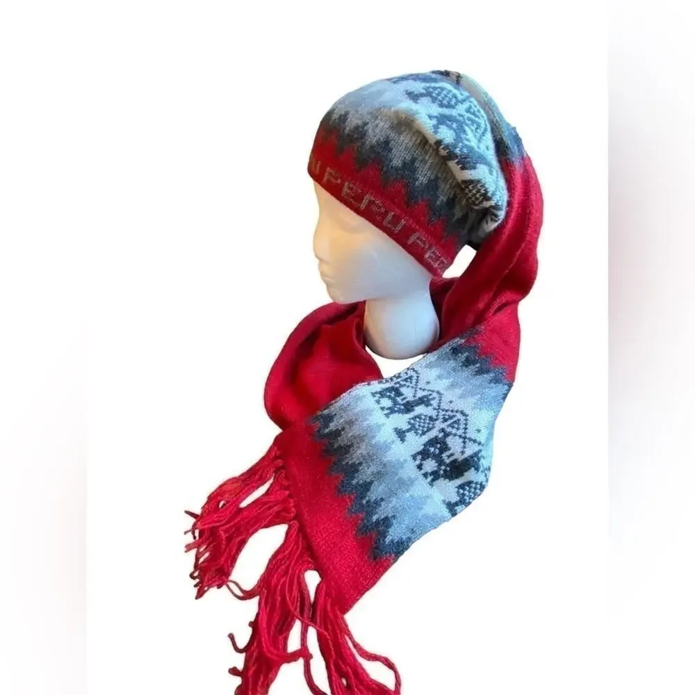 Peru Winter Knit Beanie Fringe Scarf Unisex O/S